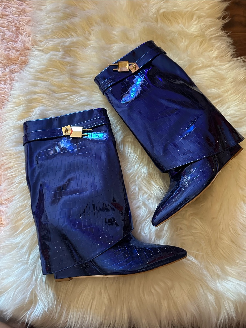 Fashion Nova Metallic Sapphire Croc-Embossed Mid-Calf Boots